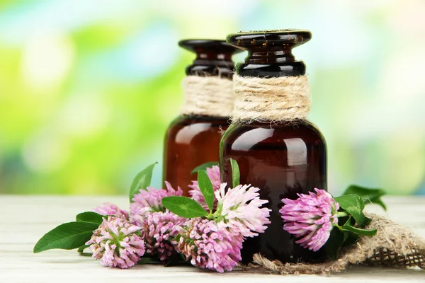 Medicine bottles with clover flowers on wooden table, outdoors — Stock Photo, Image