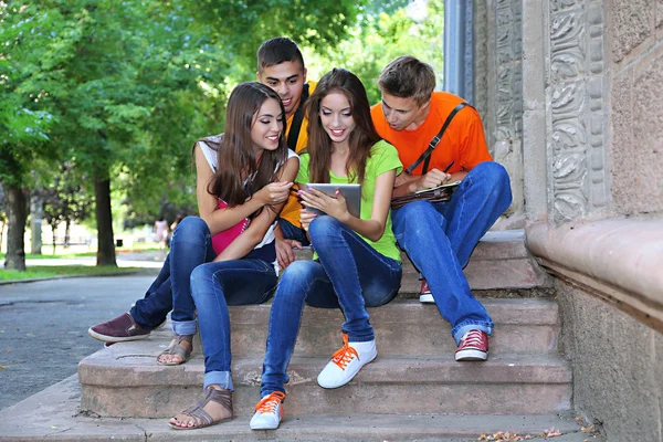 Mutlu grup parkta oturan genç öğrenci — Stok fotoğraf