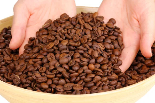 咖啡豆的手特写 — 图库照片