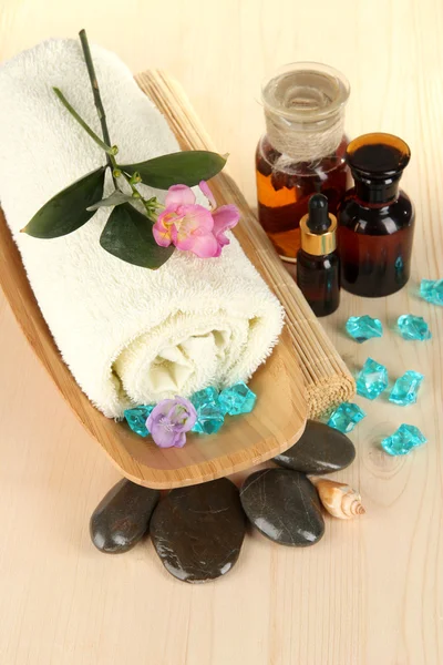 Sea spa elements on wooden table close up — Stock Photo, Image