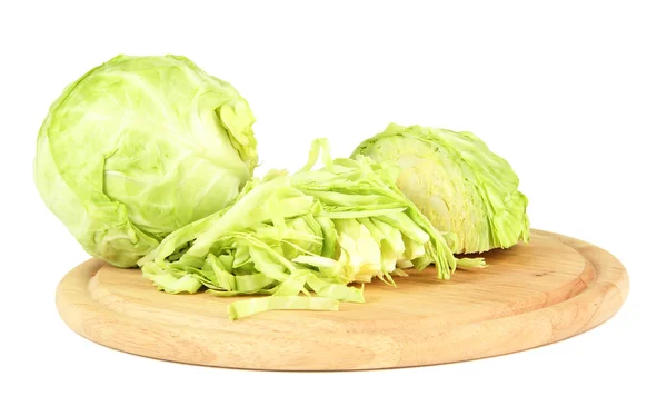 Green cabbage sliced on cutting board, isolated on white — Stock Photo, Image