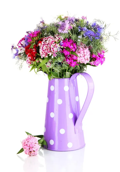 Beautiful bouquet in pitcher isolated on white — Stock Photo, Image