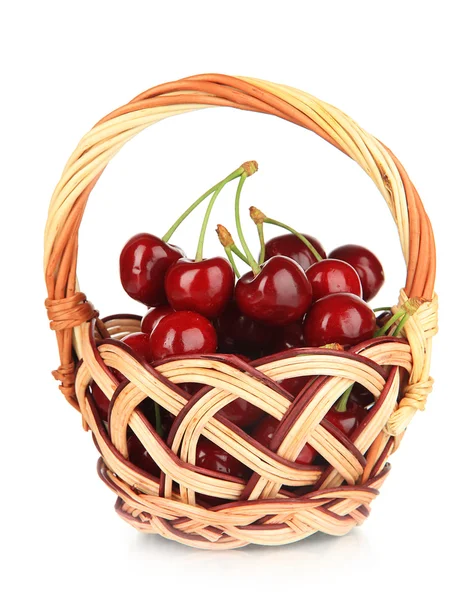 Cherry berries in wicker basket isolated on white — Stock Photo, Image