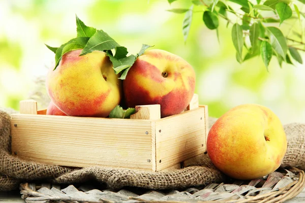 Mogen söt persikor i trälåda, utanför — Stockfoto