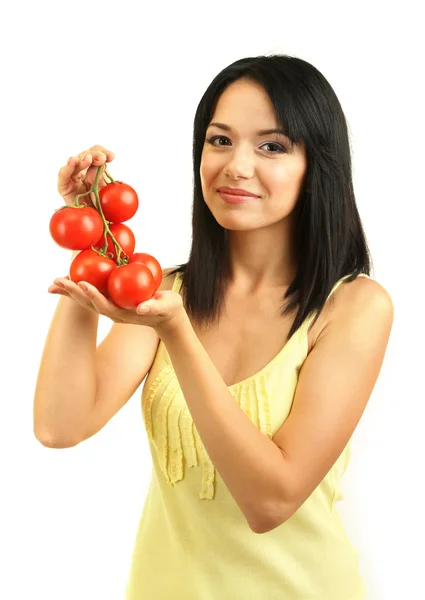 Meisje met verse tomaten geïsoleerd op wit — Stockfoto