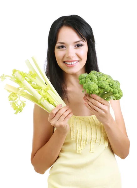 Taze brokoli ve üzerinde beyaz izole kereviz ile kız — Stok fotoğraf