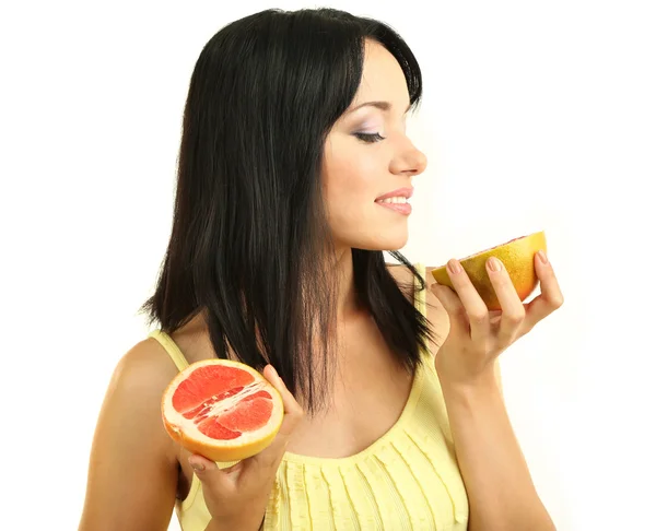 Chica con pomelo fresco aislado en blanco — Foto de Stock