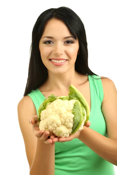 Girl with fresh cauliflower isolated on white — Stock Photo, Image