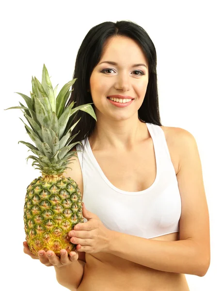 Taze ananas üzerinde beyaz izole kız — Stok fotoğraf