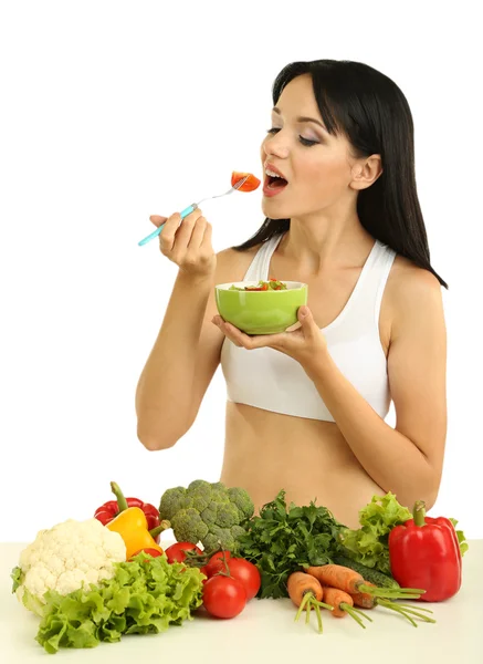 Menina com salada isolada em branco — Fotografia de Stock