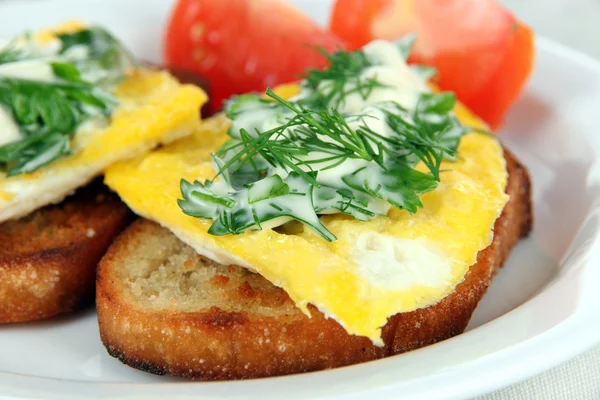 Scrambled eggs and toast on plate close-up — Stock Photo, Image