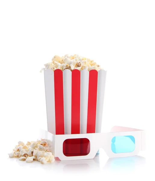 Lunettes Popcorn et 3D, isolées sur blanc — Photo