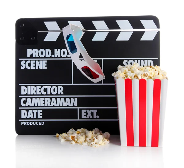 Filmen SYNKRONKLAPPA popcorn och 3d-glasögon, isolerad på vit — Stockfoto