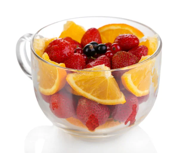 Useful fruit salad in glass cup isolated on white — Stock Photo, Image