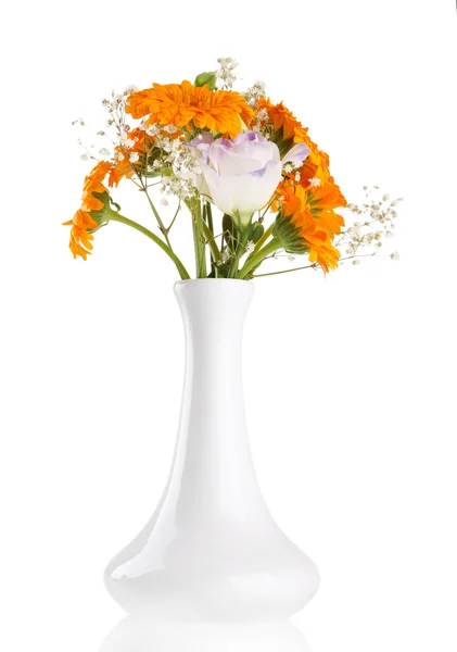 Calendula flowers in vase isolated on white — Stock Photo, Image