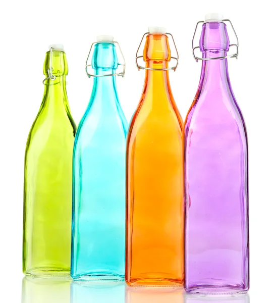 Empty color glass bottles, isolated on white — Stock Photo, Image