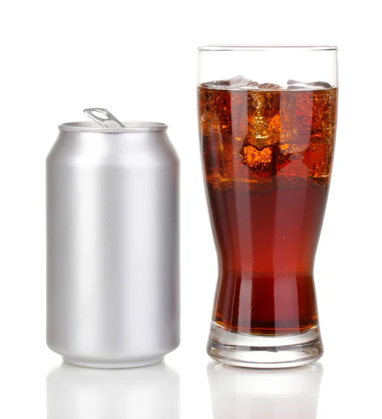 Open aluminum can and glass of cola isolated on whit — Stock Photo, Image