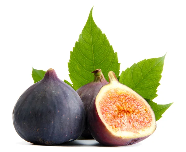 Ripe sweet figs with leaves isolated on white — Stock Photo, Image