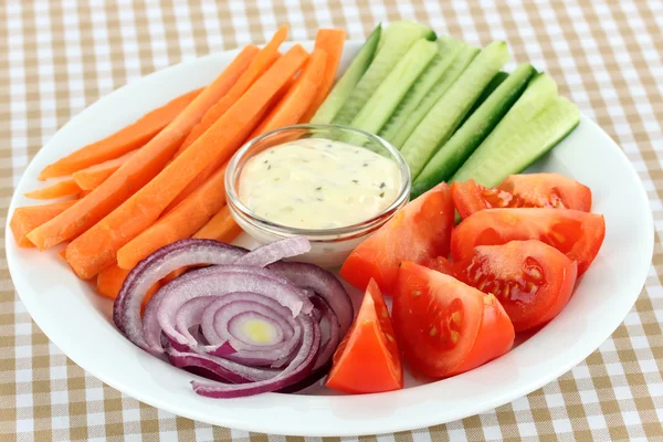 Assorted raw vegetables sticks in plate on table close up — Stock Photo, Image