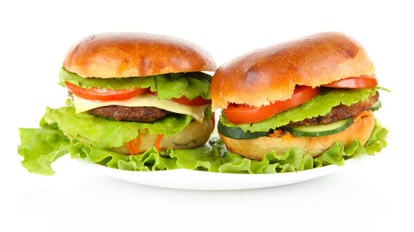 Большие и вкусные гамбургеры на тарелке изолированы на белом
