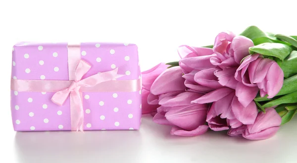 Beautiful bouquet of purple tulips and gift box, isolated on white — Stock Photo, Image