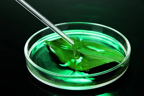 Chemical research in Petri dish on dark green background — Stock Photo, Image