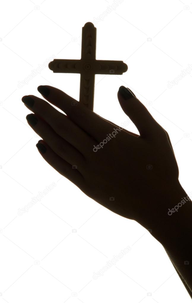 female hands with crucifix, isolated on white