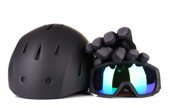 Óculos esportivos de inverno, capacete e luvas, isolados em branco — Fotografia de Stock