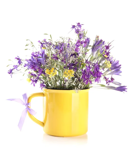 Красивий букет з польових квітів в чашці, ізольований на білому — стокове фото