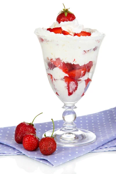 Natural yogurt with fresh strawberries isolated on white — Stock Photo, Image