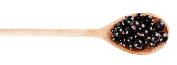 Black currant in wooden spoon isolated on white — Stock Photo, Image