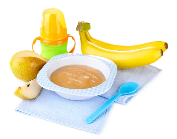 Savoureux bébé purée de fruits et biberon isolé sur blanc — Photo