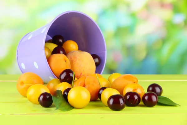 Яркие летние фрукты в ведре на деревянном столе на естественном фоне — стоковое фото