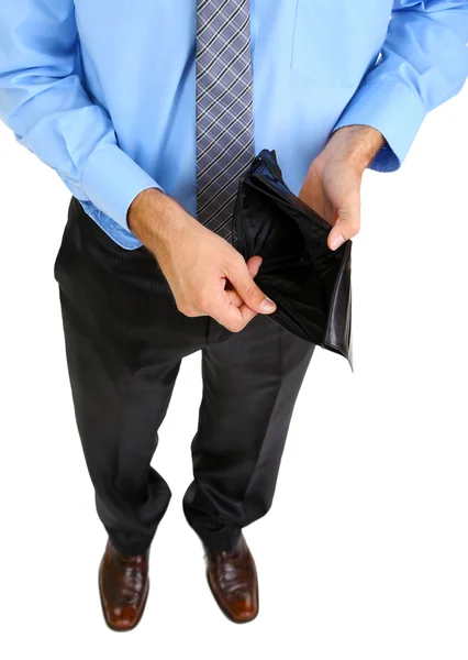 Business man showing his empty purse, isolated on white — Stock Photo, Image