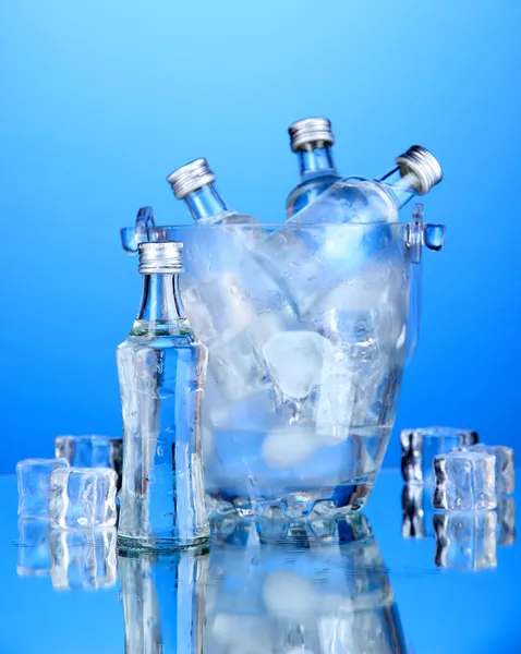 Botol minibar dalam ember dengan es batu, pada latar belakang biru — Stok Foto