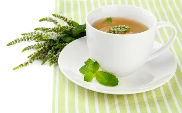 Taza de té de hierbas con flores frescas de menta aisladas en blanco — Foto de Stock