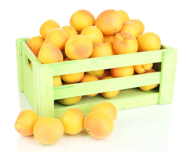 Fresh natural apricot in wooden box isolated on white — Stock Photo, Image