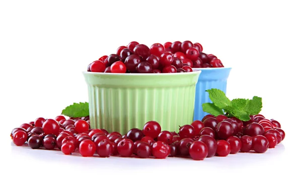 Ripe red cranberries in bowls, isolated on whit — Stock Photo, Image