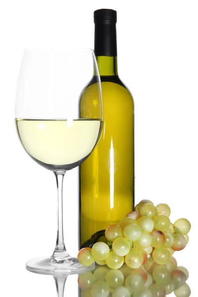 White wine glass and bottle of wine isolated on white — Stock Photo, Image