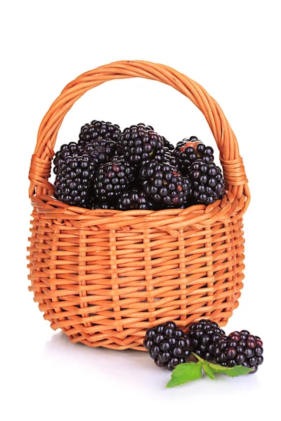 Sweet blackberry in wicker basket isolated on white — Stock Photo, Image