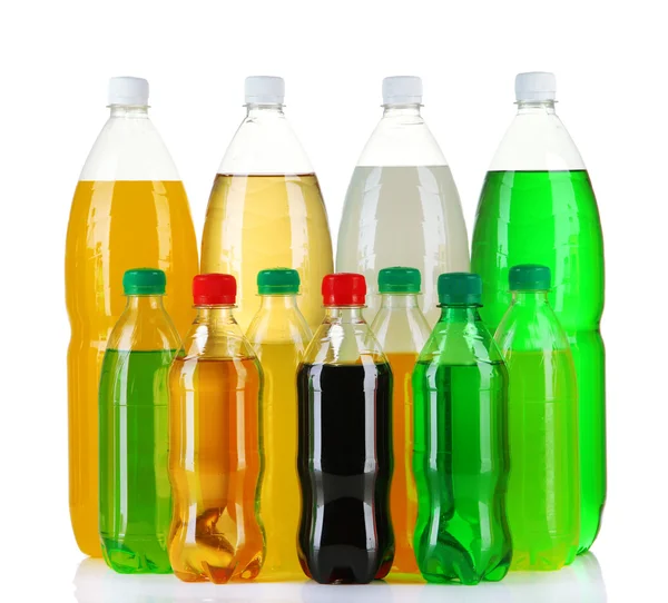 Assortment of bottles with tasty drinks, isolated on white — Stock Photo, Image