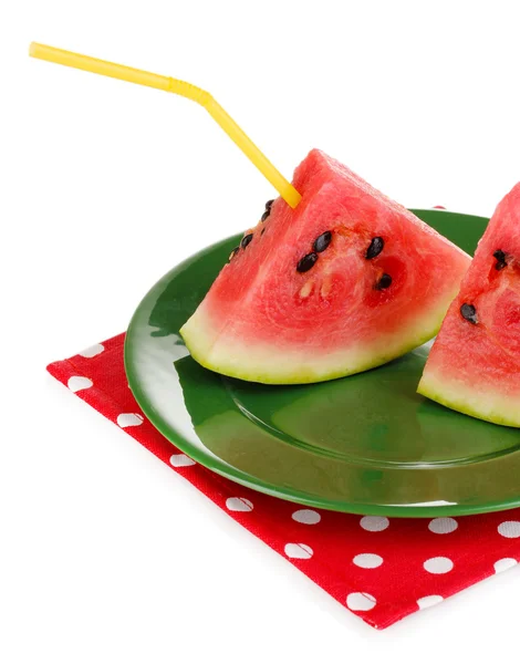 Süße Wassermelonenscheiben auf grünem Teller isoliert auf weißem — Stockfoto