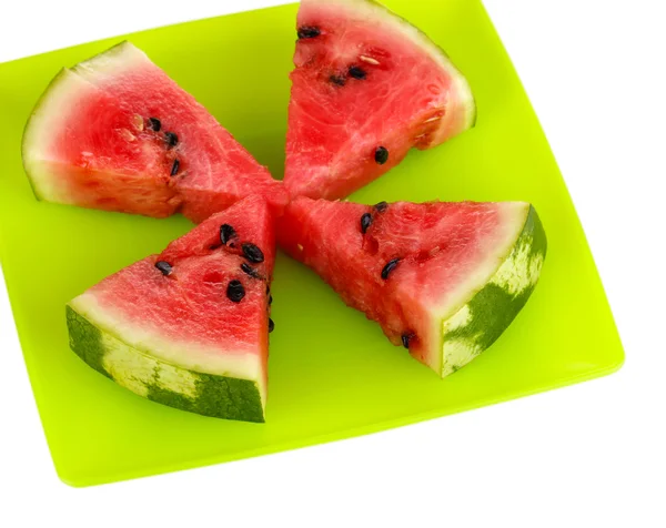 Sweet watermelon slices on green plate isolated on white — Stock Photo, Image