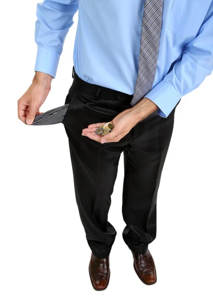 Hombre de negocios mostrando su bolsillo vacío, aislado en blanco — Foto de Stock