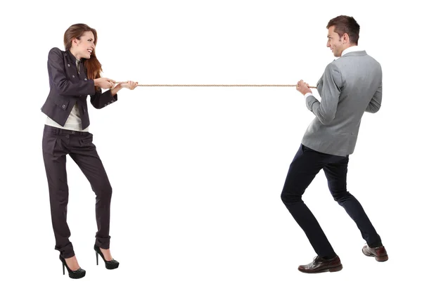 Business people stretching rope isolated on white — Stock Photo, Image