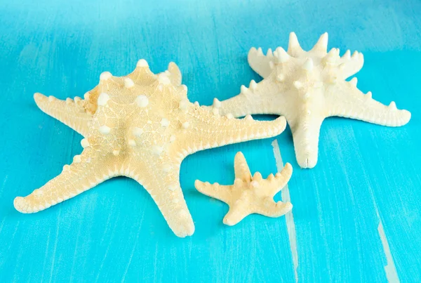 Mavi ahşap masa yakın çekim üzerinde beyaz starfishes — Stok fotoğraf