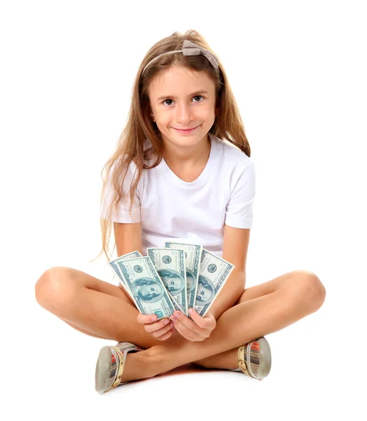 Beautiful little girl with money, isolated on white — Stock Photo, Image