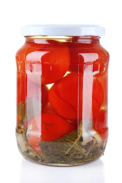 Sabrosos tomates enlatados en frasco de vidrio, aislados en blanco — Foto de Stock