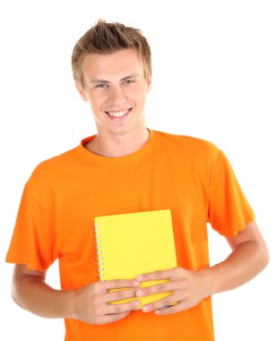 mutlu genç öğrenci ile üzerine beyaz izole kitap