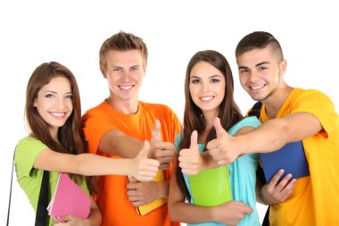 güzel genç öğrenci, üzerinde beyaz izole mutlu grubu